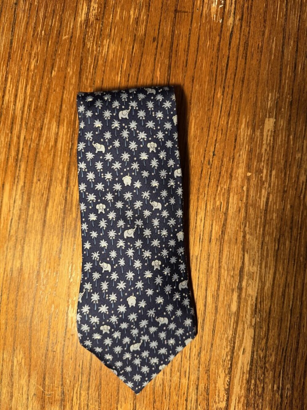 Hermes Paris Navy White Elephant and Palm Print Silk Tie